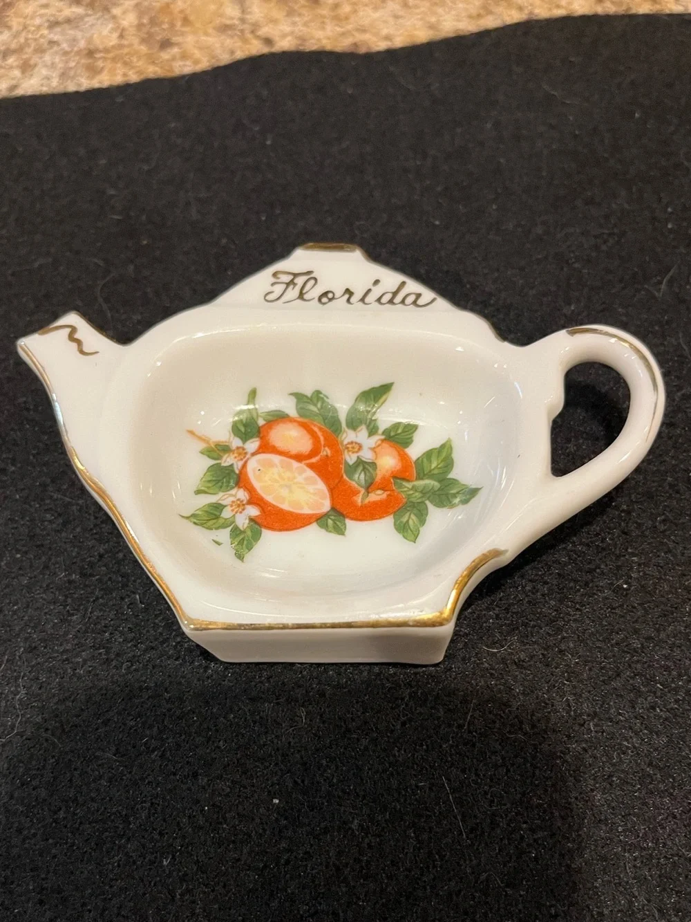 Vintage Florida Orange Tea Bag Holder Dish with Gold Trim